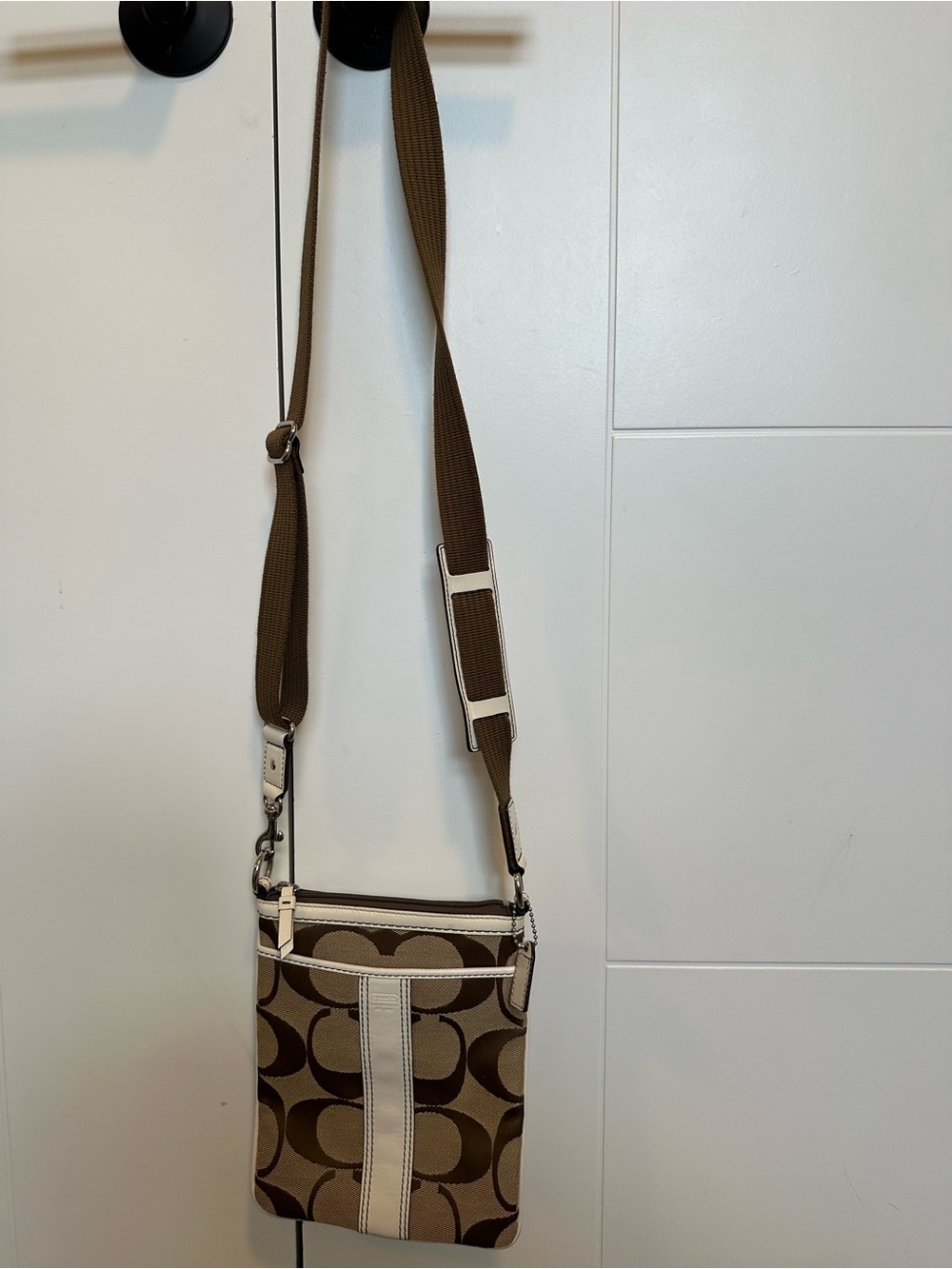 Coach Signature Small Crossbody Bag in Brown with Cream Trim